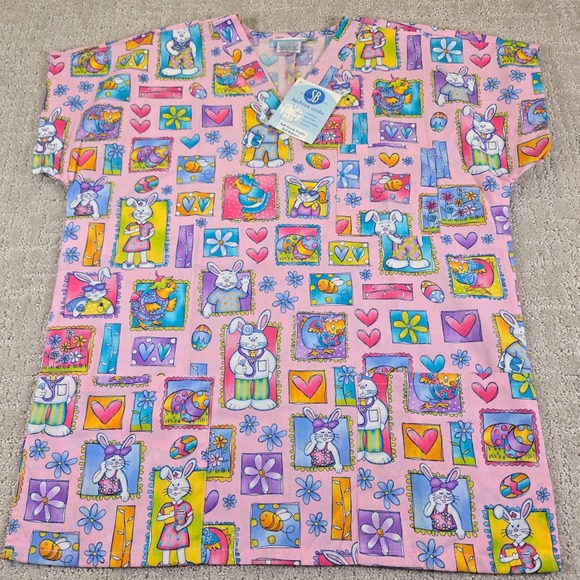 SB Fashion Scrubs Easter Bunny‎ Print Scrub Top Nurse Pink Women Size Medium - Picture 2 of 7